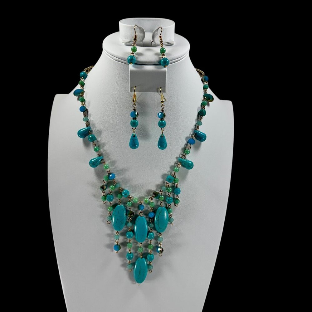 3pc Avante Jewelry Southwest Style Faux Turquoise Necklace Earrings Silvertone